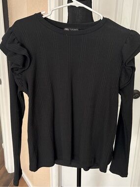 Zara Black Ribbed Long Sleeve Top with Ruffle Shoulder Detail